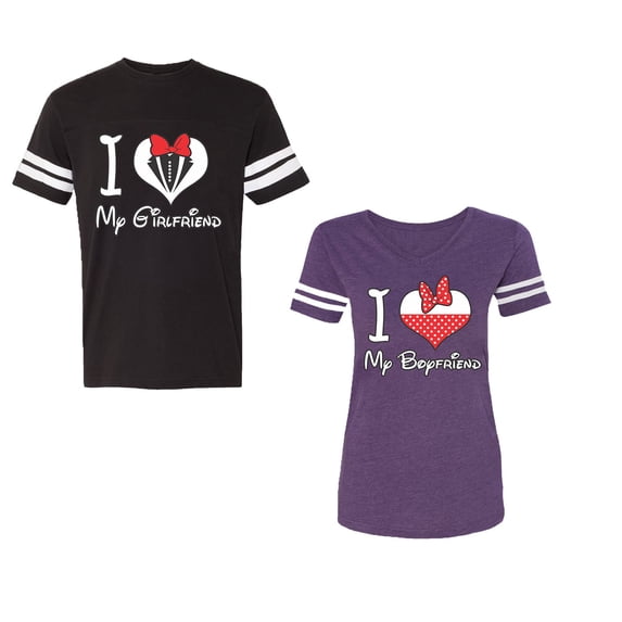 I Love My BF GFUnisex Couple Matching Cotton Jersey style T-Shirt Contrasting stripes on sleeves (Men Black / Women Purple) (Men L / Women M)