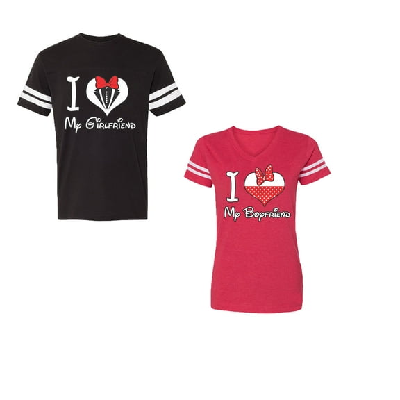I Love My BF GFUnisex Couple Matching Cotton Jersey style T-Shirt Contrasting stripes on sleeves (Men Black / Women Red) (Men S / Women XXL)