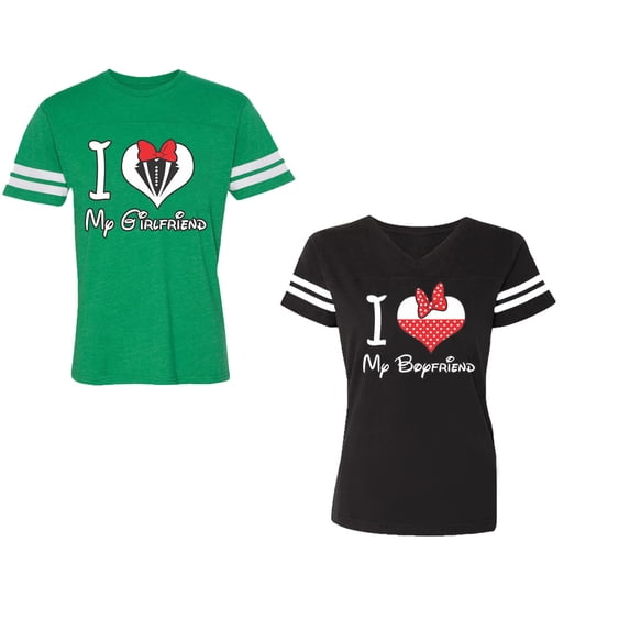 I Love My BF GFUnisex Couple Matching Cotton Jersey style T-Shirt Contrasting stripes on sleeves (Men Green / Women Black) (Men XXL / Women XL)