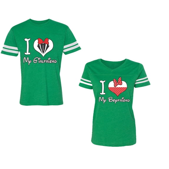 I Love My BF GFUnisex Couple Matching Cotton Jersey style T-Shirt Contrasting stripes on sleeves (Men Green / Women Green) (Men L / Women XL)