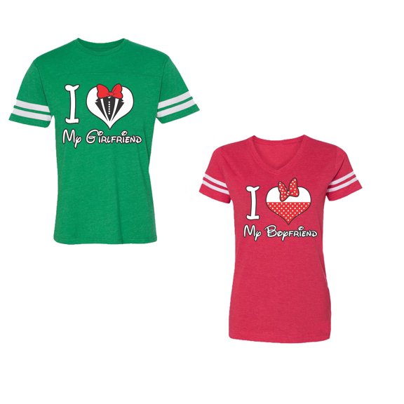 I Love My BF GFUnisex Couple Matching Cotton Jersey style T-Shirt Contrasting stripes on sleeves (Men Green / Women Red) (Men XXL / Women L)