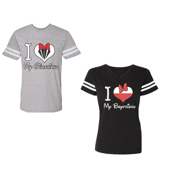 I Love My BF GFUnisex Couple Matching Cotton Jersey style T-Shirt Contrasting stripes on sleeves (Men Heather / Women Black) (Men S / Women S)