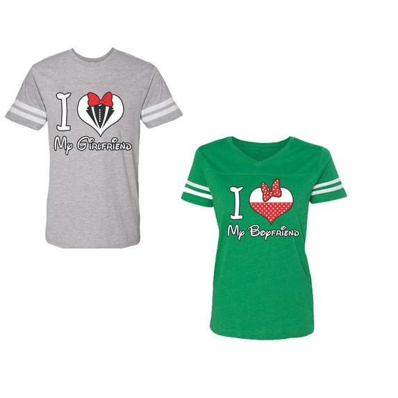 I Love My BF GFUnisex Couple Matching Cotton Jersey style T-Shirt Contrasting stripes on sleeves (Men Heather / Women Green) (Men S / Women M)