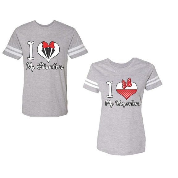 I Love My BF GFUnisex Couple Matching Cotton Jersey style T-Shirt Contrasting stripes on sleeves (Men Heather / Women Heather) (Men S / Women M)