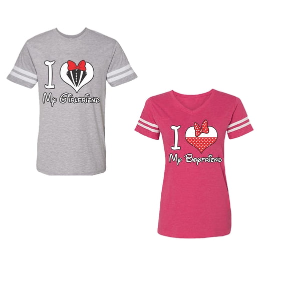 I Love My BF GFUnisex Couple Matching Cotton Jersey style T-Shirt Contrasting stripes on sleeves (Men Heather / Women Pink) (Men S / Women M)