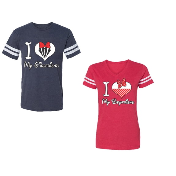 I Love My BF GFUnisex Couple Matching Cotton Jersey style T-Shirt Contrasting stripes on sleeves (Men Navy / Women Red) (Men S / Women XXL)