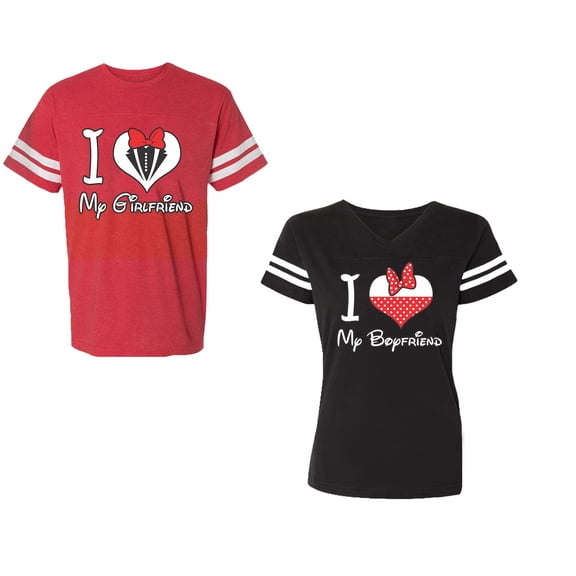 I Love My BF GFUnisex Couple Matching Cotton Jersey style T-Shirt Contrasting stripes on sleeves (Men Red / Women Black) (Men XL / Women XXL)
