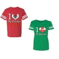 thumbnail image 1 of I Love My BF GFUnisex Couple Matching Cotton Jersey style T-Shirt Contrasting stripes on sleeves (Men Red / Women Green) (Men M / Women XL), 1 of 3