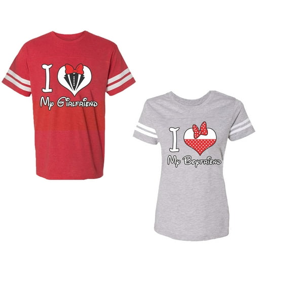 I Love My BF GFUnisex Couple Matching Cotton Jersey style T-Shirt Contrasting stripes on sleeves (Men Red / Women Heather) (Men S / Women XL)