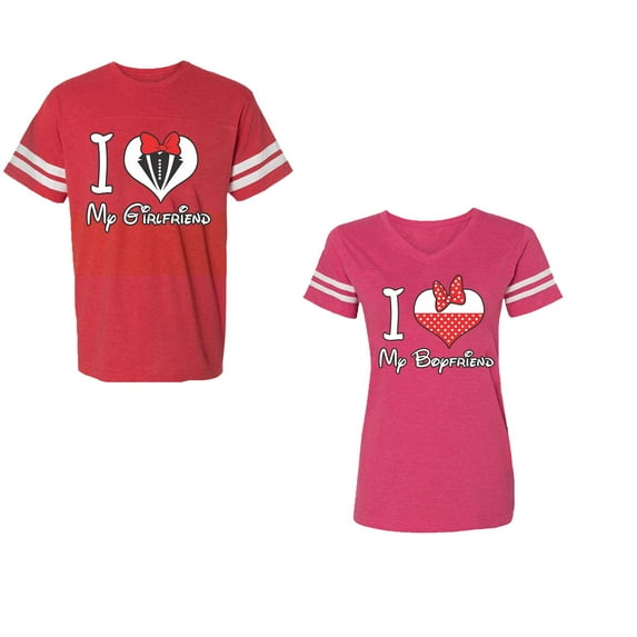 I Love My BF GFUnisex Couple Matching Cotton Jersey style T-Shirt Contrasting stripes on sleeves (Men Red / Women Pink) (Men L / Women XXL)