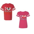 thumbnail image 1 of I Love My BF GFUnisex Couple Matching Cotton Jersey style T-Shirt Contrasting stripes on sleeves (Men Red / Women Pink) (Men M / Women M), 1 of 3