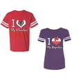 thumbnail image 1 of I Love My BF GFUnisex Couple Matching Cotton Jersey style T-Shirt Contrasting stripes on sleeves (Men Red / Women Purple) (Men M / Women XXL), 1 of 3
