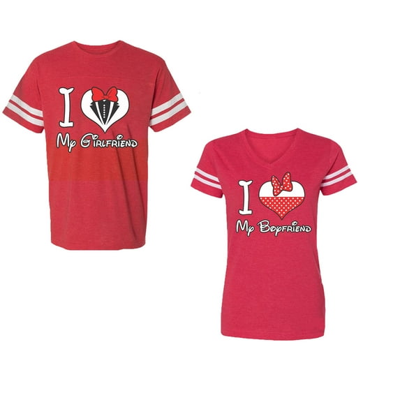 I Love My BF GFUnisex Couple Matching Cotton Jersey style T-Shirt Contrasting stripes on sleeves (Men Red / Women Red) (Men XXL / Women S)