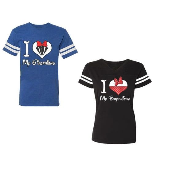 I Love My BF GFUnisex Couple Matching Cotton Jersey style T-Shirt Contrasting stripes on sleeves (Men Royal / Women Black) (Men S / Women S)
