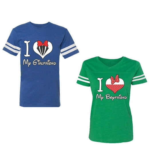 I Love My BF GFUnisex Couple Matching Cotton Jersey style T-Shirt Contrasting stripes on sleeves (Men Royal / Women Green) (Men S / Women XXL)
