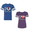 thumbnail image 1 of I Love My BF GFUnisex Couple Matching Cotton Jersey style T-Shirt Contrasting stripes on sleeves (Men Royal / Women Purple) (Men XL / Women S), 1 of 3