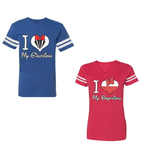 I Love My BF GFUnisex Couple Matching Cotton Jersey style T-Shirt Contrasting stripes on sleeves (Men Royal / Women Red) (Men XL / Women M)