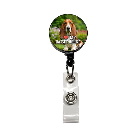 I Love My Basset Hound Dog Heart Retractable Reel ID Badge Key Card Name Tag Holder with Clip