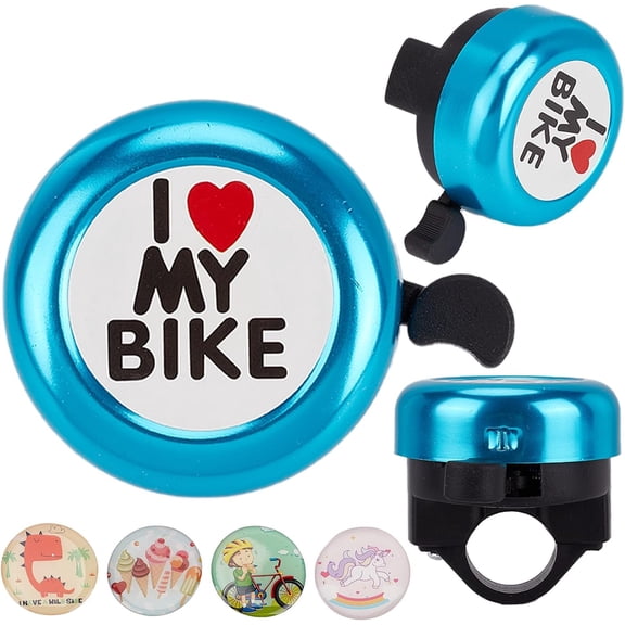 I Love My Bike Bicycle Bell Aluminum Alloy Bike Bells Ring Round Pink Loud Sound Cycling Handlebars Bells with 4Pcs Resin Stickers 1set