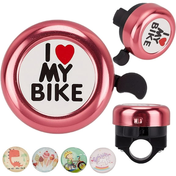I Love My Bike Bicycle Bell Aluminum Alloy Bike Bells Ring Round Pink Loud Sound Cycling Handlebars Bells with 4Pcs Resin