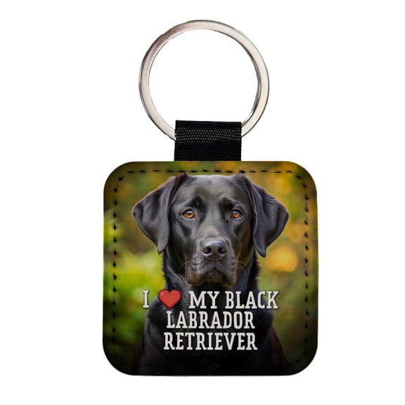 I Love My Black Labrador Retriever Dog Heart Faux Leather Square Keychain