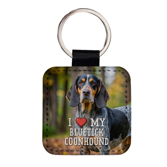 I Love My Bluetick Coonhound Dog Heart Faux Leather Square Keychain