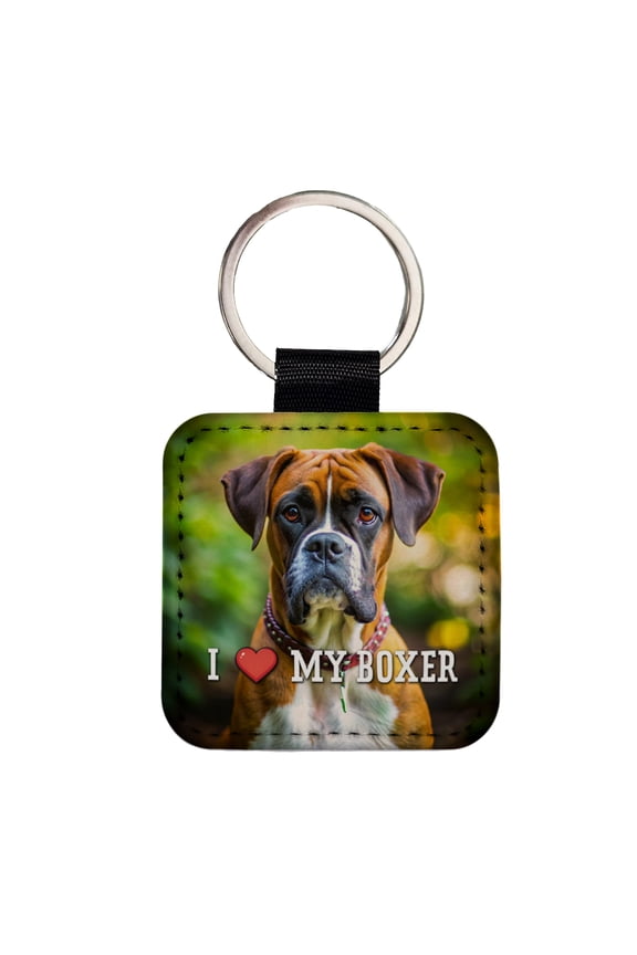 I Love My Boxer Dog Heart Faux Leather Square Keychain