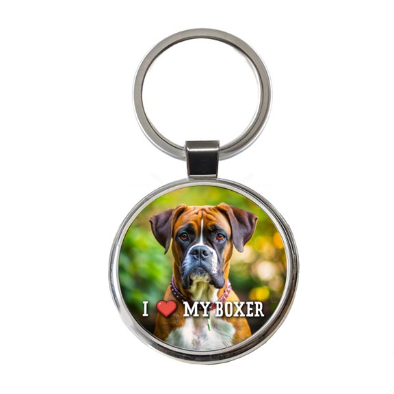 I Love My Boxer Dog Heart Metal Round Keychain