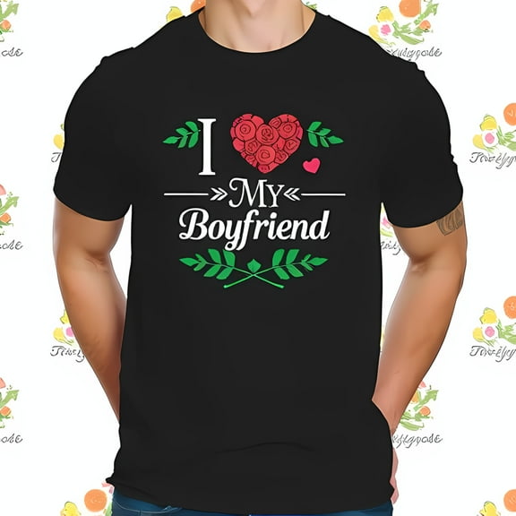 I Love My Boyfriend Cotton Short Sleeve T-Shirt - Elegant Rose Heart Design with Green Leaves Casual & Expressive Graphic Tee