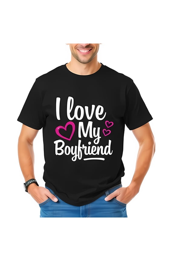 I Love My Boyfriend Cotton Short Sleeve T-Shirt - Playful White & Pink Heart Design Casual Comfort for Any Occasion