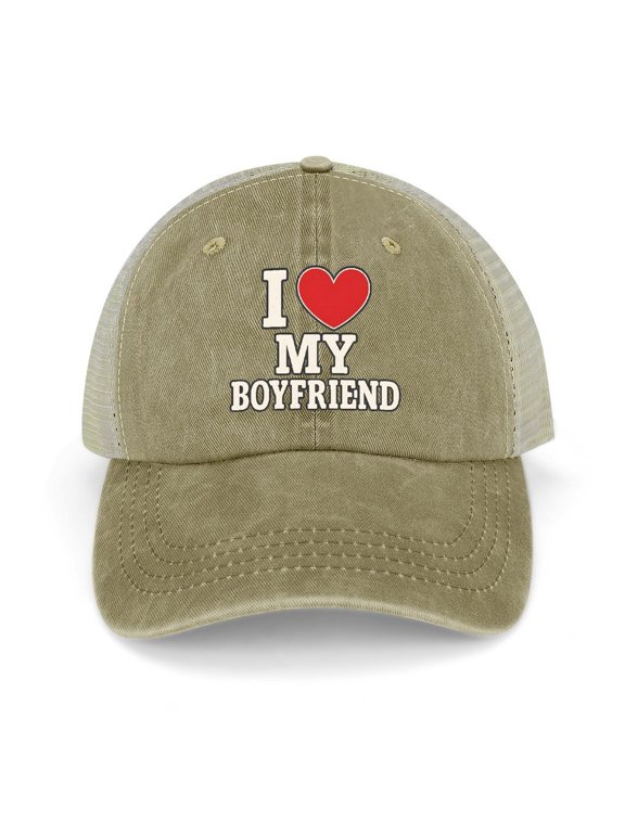 I Love My Boyfriend Khaki Trucker Hat for Men Women, Adjustable Mesh Back Baseball Cap
