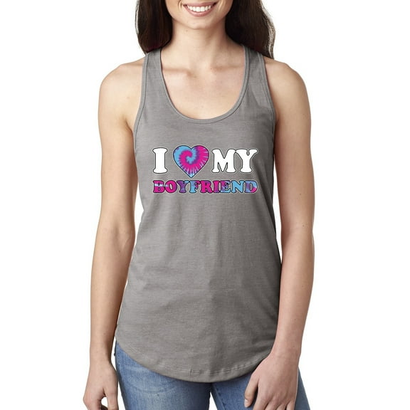I Love My Boyfriend Tie Dye Pop Culture Ladies Racerback Tank Top, Heather Grey, Small