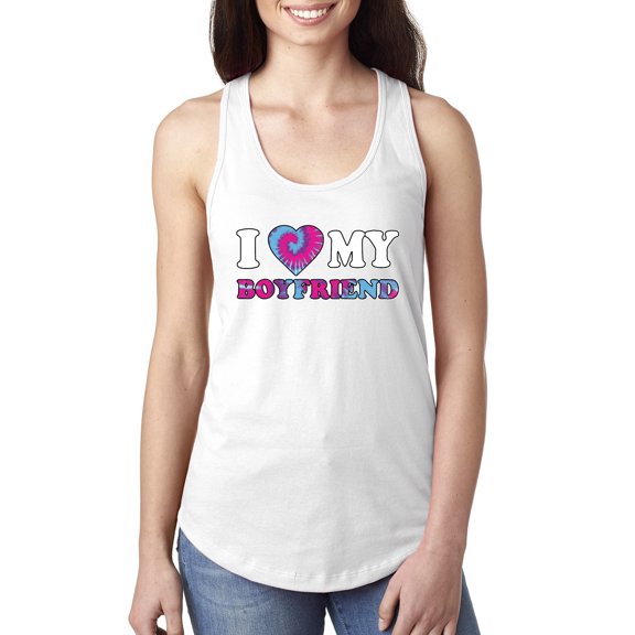 I Love My Boyfriend Tie Dye Pop Culture Ladies Racerback Tank Top, White, Small