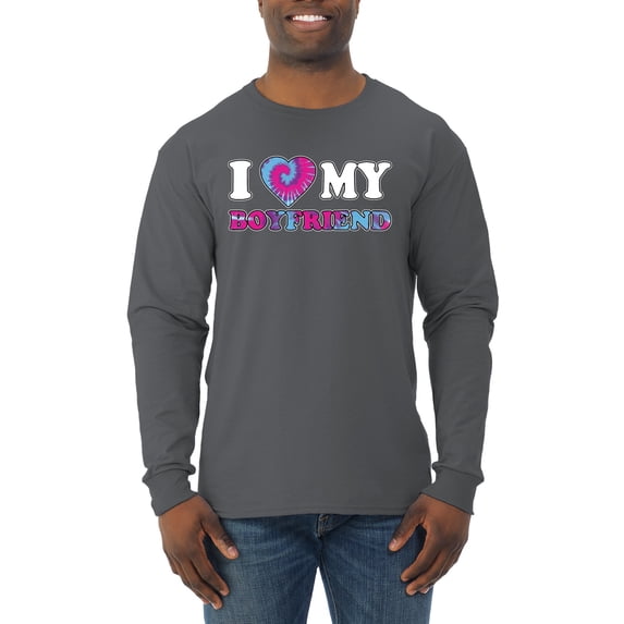 I Love My Boyfriend Tie Dye Pop Culture Mens Long Sleeve Shirt, Charcoal, X-Large