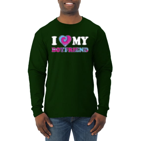 I Love My Boyfriend Tie Dye Pop Culture Mens Long Sleeve Shirt, Forest Green, 3XL