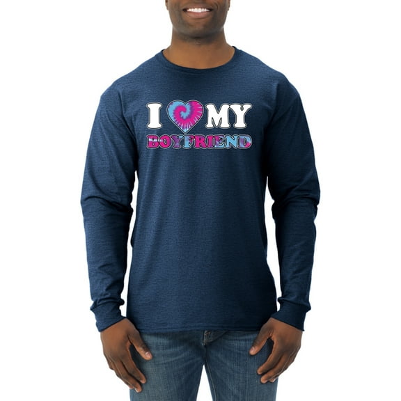 I Love My Boyfriend Tie Dye Pop Culture Mens Long Sleeve Shirt, Vintage Heather Navy, Medium