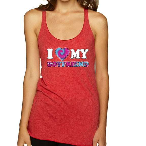 I Love My Boyfriend Tie Dye Pop Culture Tri-Blend Racerback Tank Top, Vintage Red, Medium