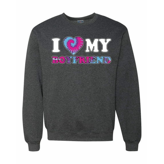 I Love My Boyfriend Tie Dye Pop Culture Unisex Crewneck Graphic Sweatshirt, Heather Black, 2XL