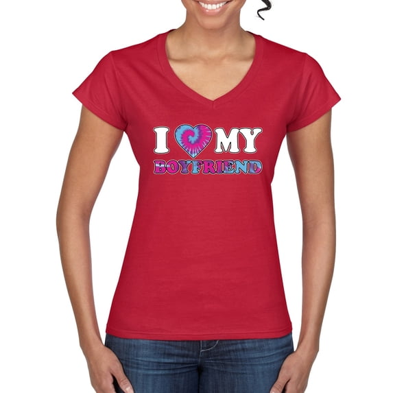I Love My Boyfriend Tie Dye Pop Culture Women’s Standard V-Neck Tee, Red, Large