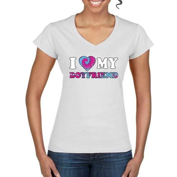 I Love My Boyfriend Tie Dye Pop Culture Women's Standard V-Neck Tee, White, Small