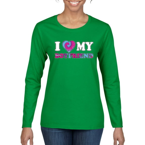 I Love My Boyfriend Tie Dye Pop Culture Womens Graphic Long Sleeve T-Shirt, Kelly, Medium