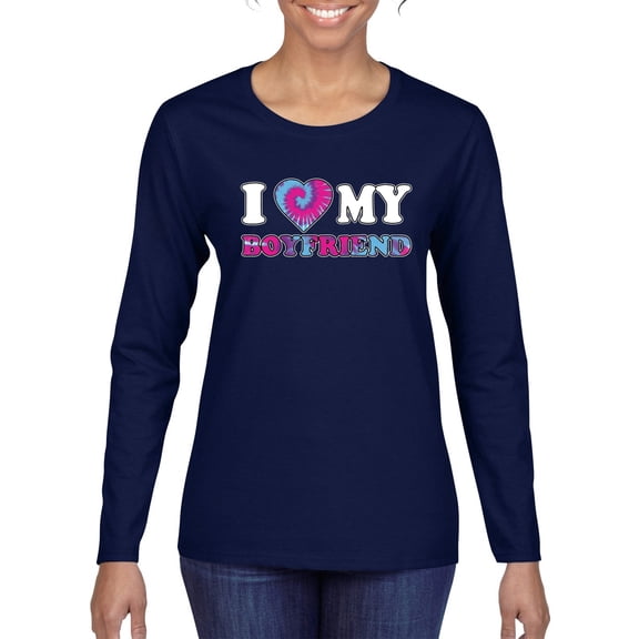 I Love My Boyfriend Tie Dye Pop Culture Womens Graphic Long Sleeve T-Shirt, Navy, Small