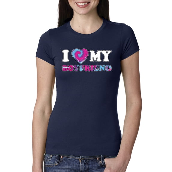 I Love My Boyfriend Tie Dye Pop Culture Womens Slim Fit Junior Tee, Navy, X-Large