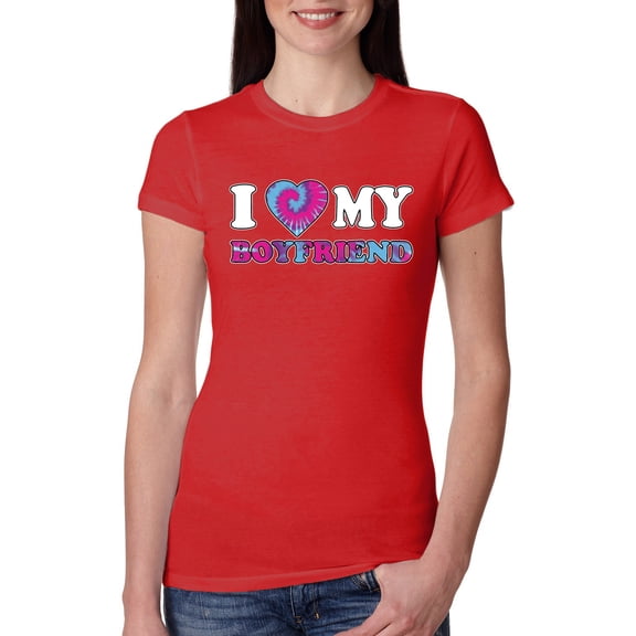 I Love My Boyfriend Tie Dye Pop Culture Womens Slim Fit Junior Tee, Red, Small