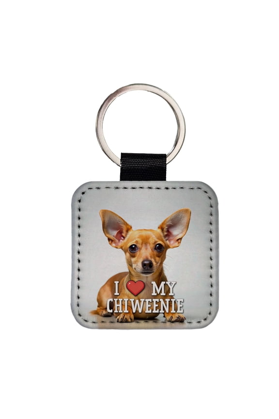 I Love My Chiweenie Dog Heart Faux Leather Square Keychain