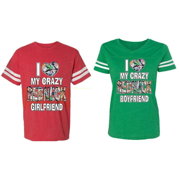 I Love My Crazy GF BF Matching Couple Cotton Jerseys (Men Red / Women Green) (Men L / Women L)