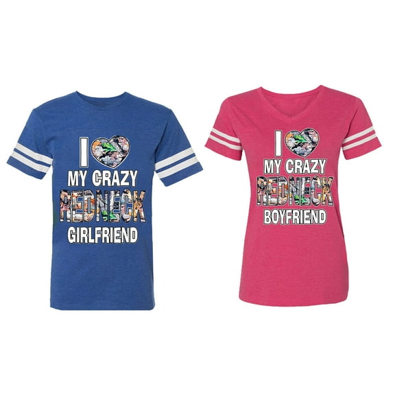 I Love My Crazy GF BF Matching Couple Cotton Jerseys (Men Royal / Women Pink) (Men XXL / Women XXL)
