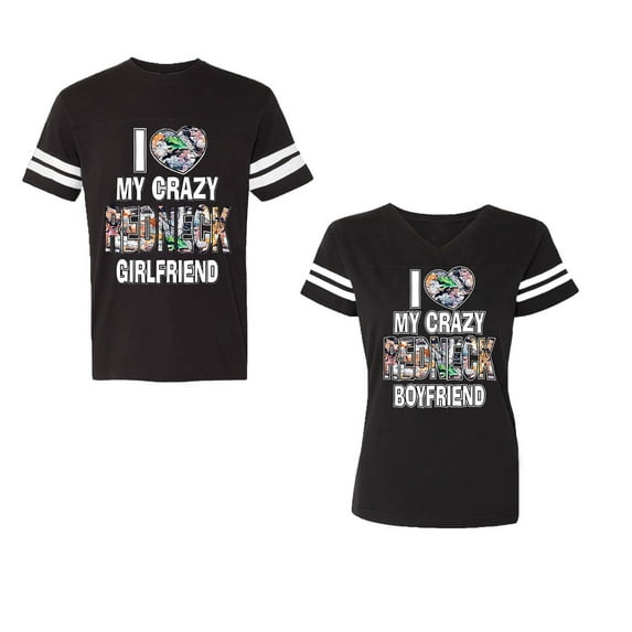I Love My Crazy GF BF Unisex Couple Matching Cotton Jersey style T-Shirt Contrasting stripes on sleeves (Men Black / Women Black) (Men L / Women XL)