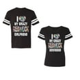 thumbnail image 1 of I Love My Crazy GF BF Unisex Couple Matching Cotton Jersey style T-Shirt Contrasting stripes on sleeves (Men Black / Women Black) (Men L / Women XXL), 1 of 3