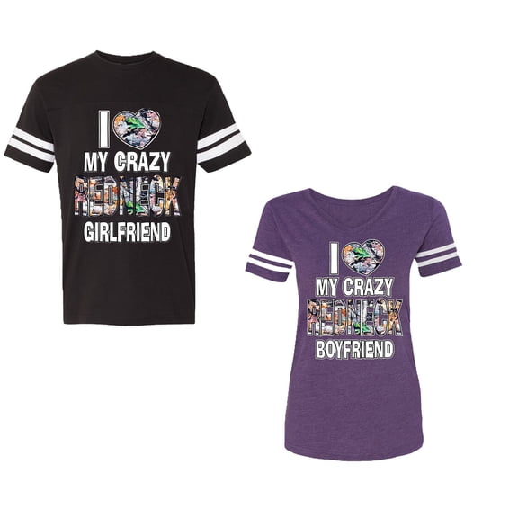 I Love My Crazy GF BF Unisex Couple Matching Cotton Jersey style T-Shirt Contrasting stripes on sleeves (Men Black / Women Purple) (Men M / Women S)